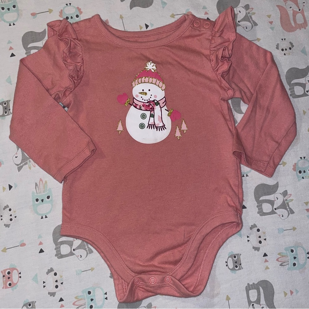 Pink Snowman 18 Month Baby Long Sleeve Onesie “Winter”